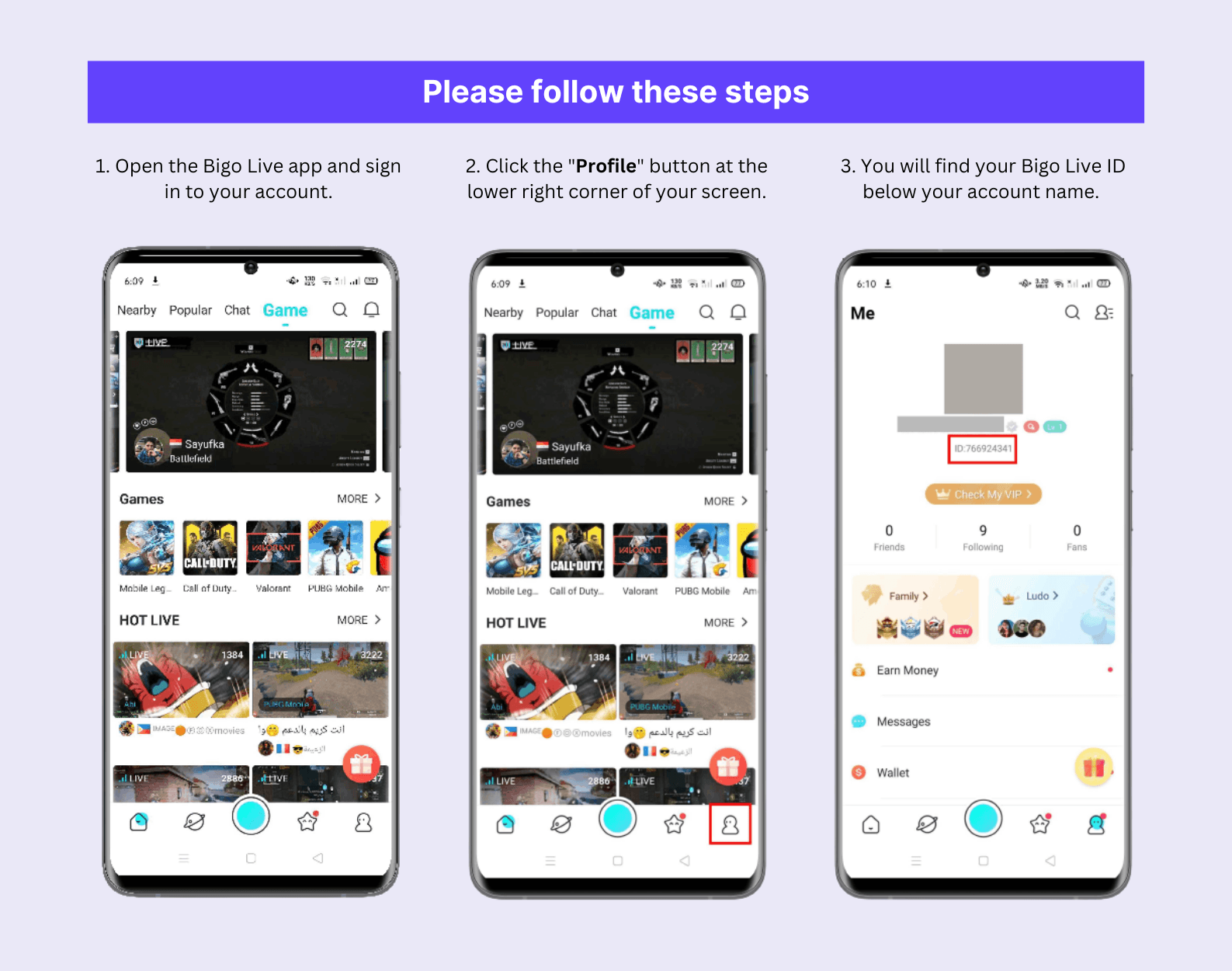 BIGO LIVE profile guide showing the ID below the account name