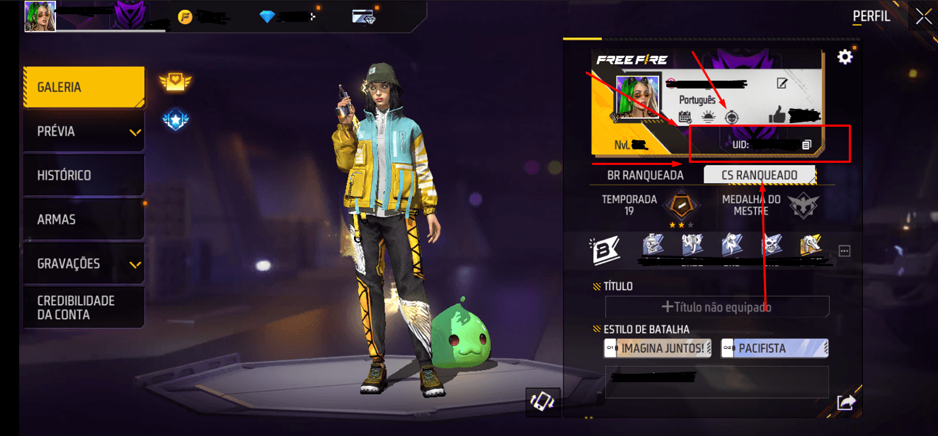 Free Fire profile with the Player ID below the nickname and its copy button