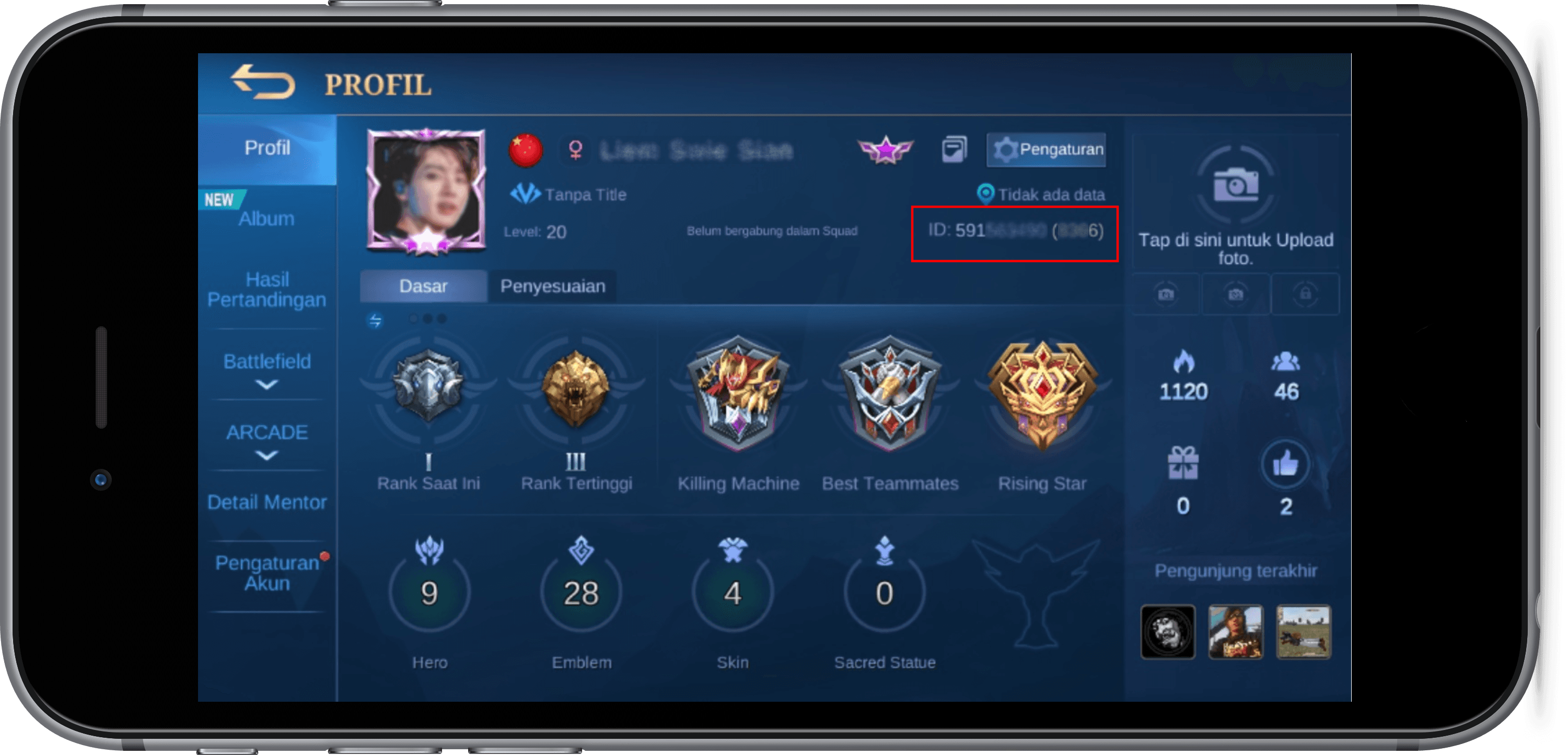 Mobile Legends profile showing the User ID and the Zone ID in brackets